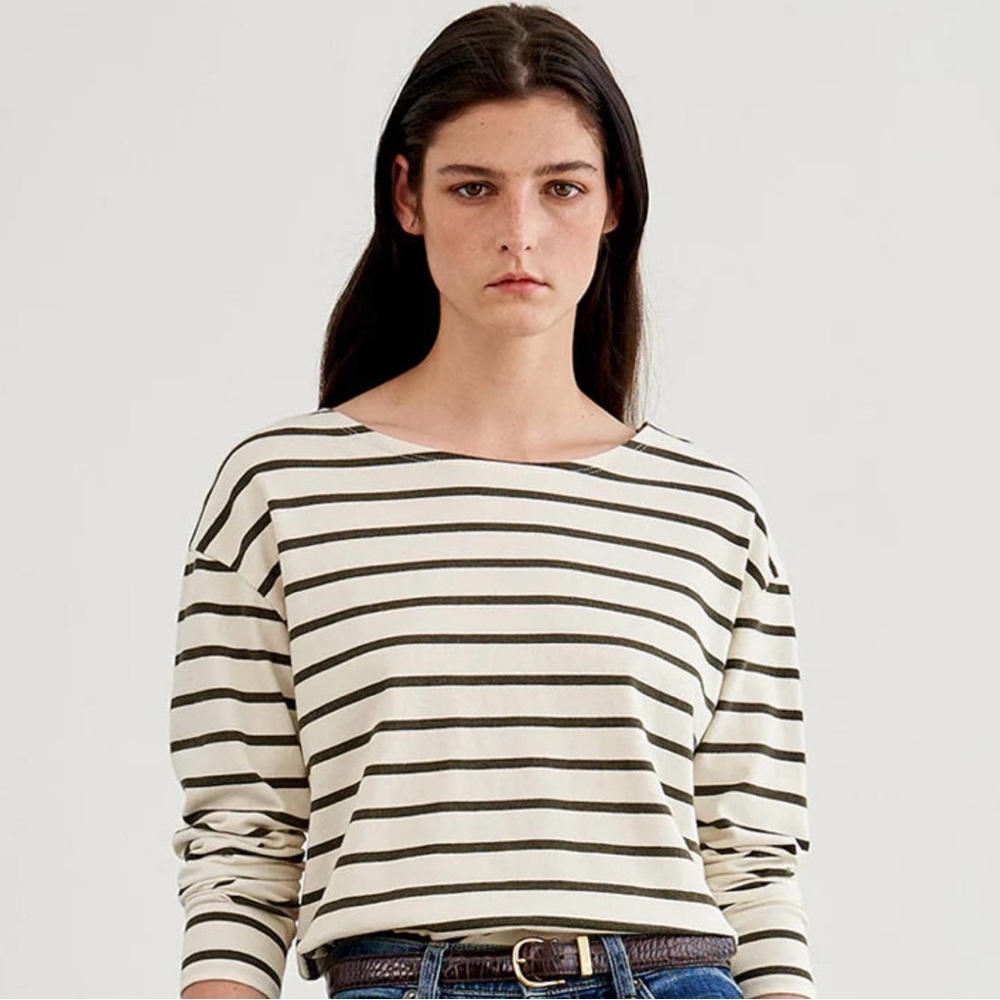 Nili Lotan Arlette Cream and Olive Green Striped Long Sleeve Top